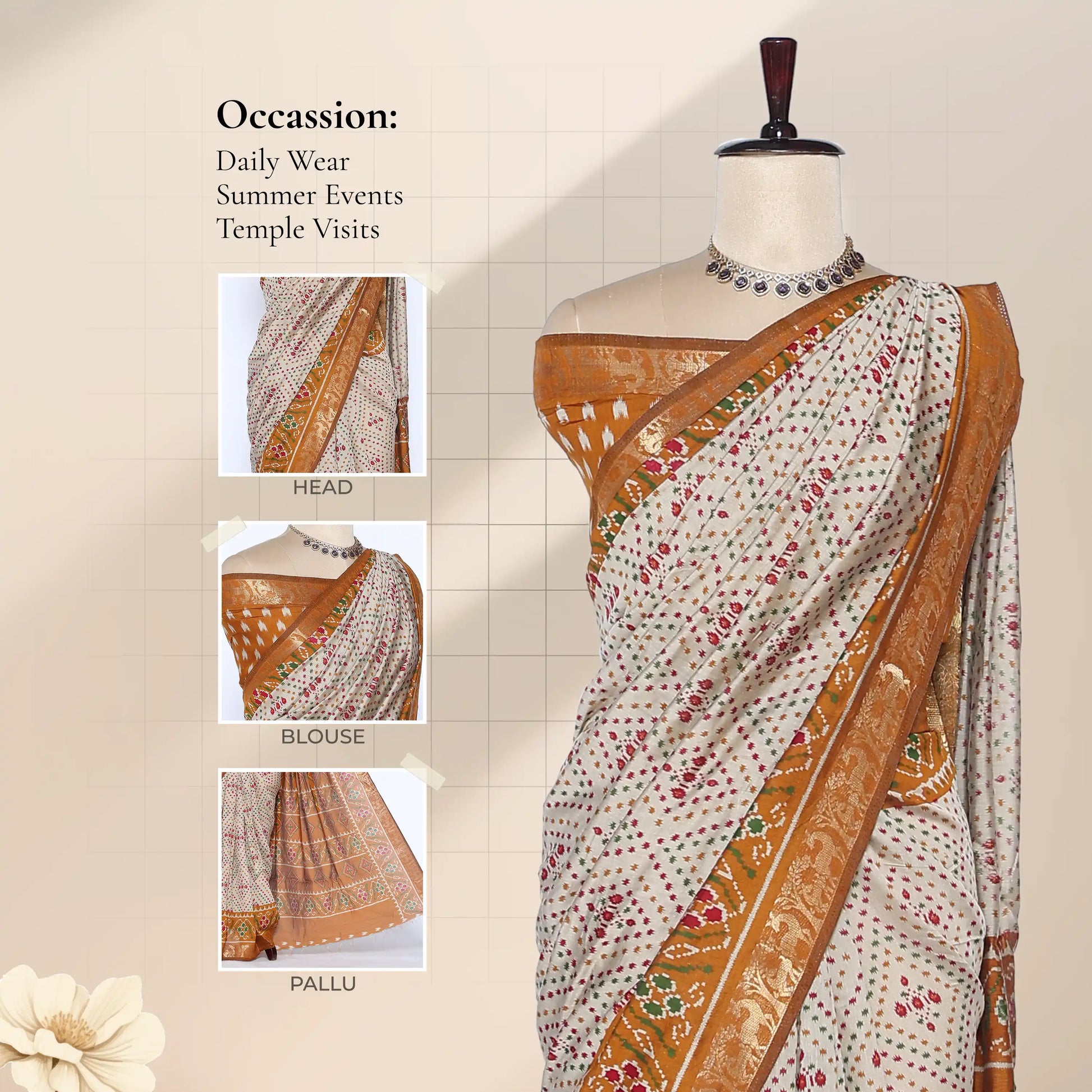 Cream Semi Chanderi Saree with Butti Print Floral Zari Border and Contrast Yellow Blouse on Mannequin - Front View