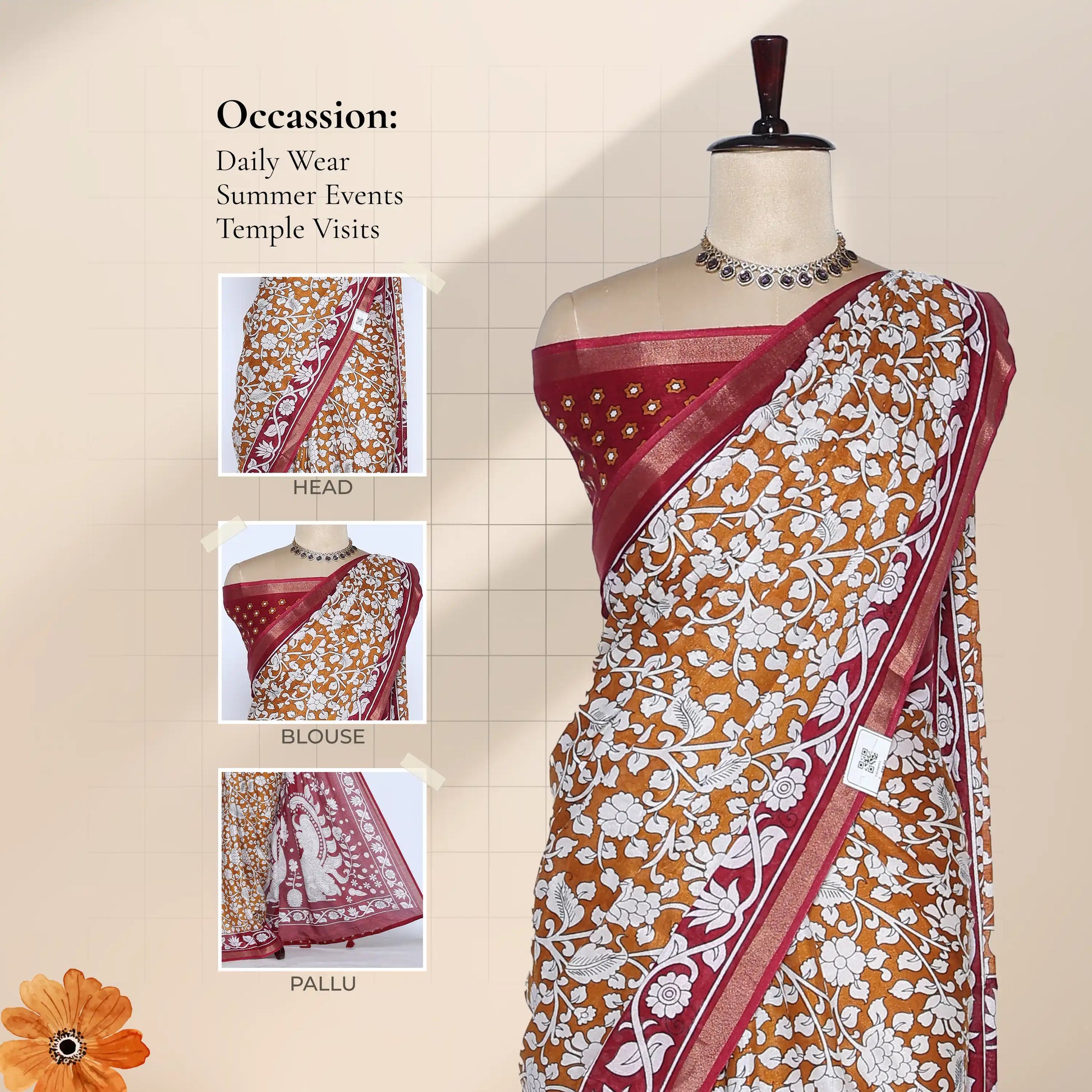 Yellow Semi Chanderi saree with white floral print red border front view on mannequin with matching blouse