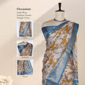 Semi Chanderi saree with cow motif print white and yellow body teal woven border front view on mannequin