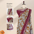 Semi Chanderi saree with yellow floral print and maroon zari border front drape view on mannequin with blouse and pallu details