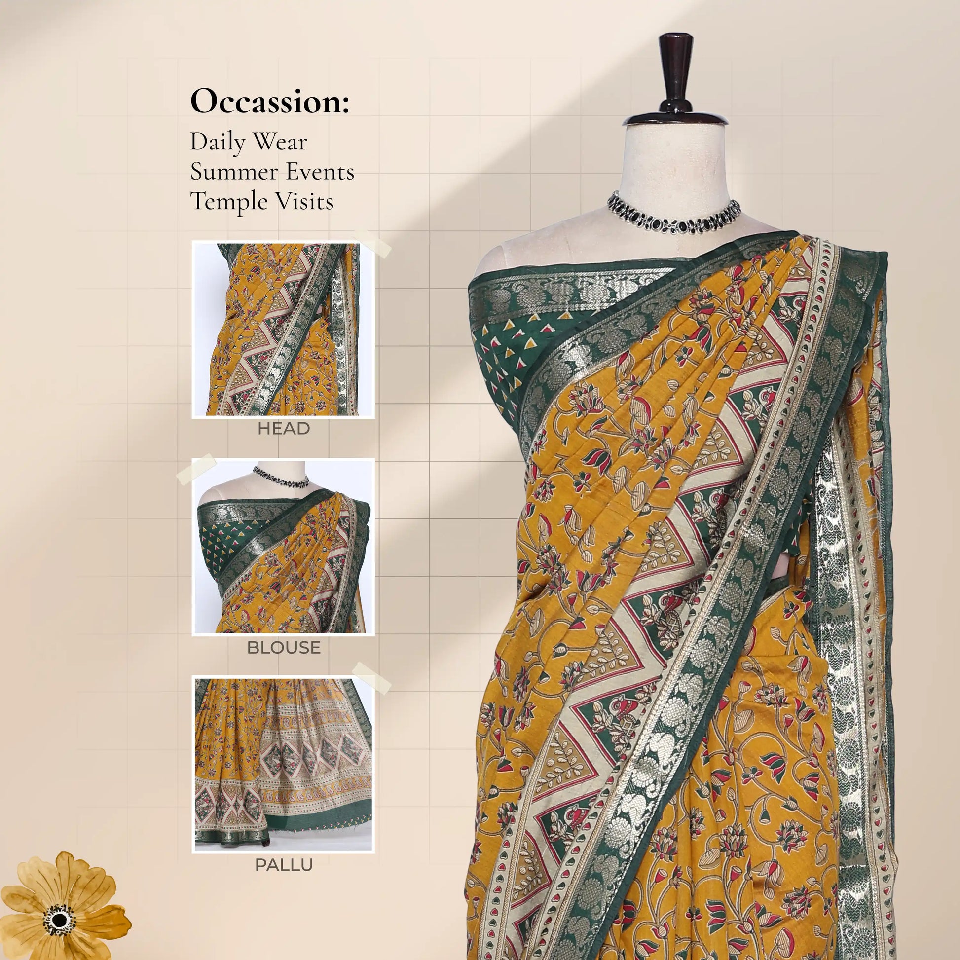 Semi Chanderi saree with floral vine print contrast zari woven border and decorative pallu front drape view on mannequin
