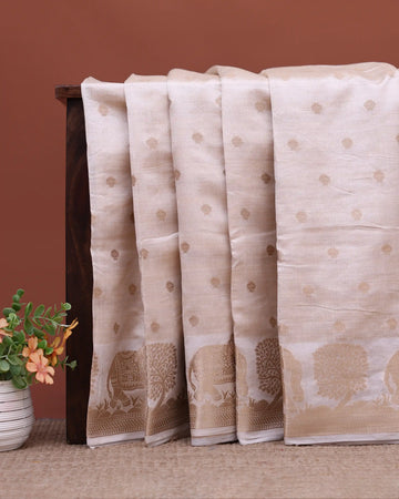 Art Silk Saree with Floral Butti Motifs Traditional Elephant Tree Pallu Design and Woven Border - Ivory
