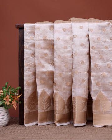 Art Silk Saree with Delicate Floral Butti Motifs and Intricate Leaf Pattern Zari Woven Border - Ivory