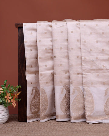 Art Silk Saree with Delicate Woven Butti Motifs and Intricate Paisley Zari Border - Ivory