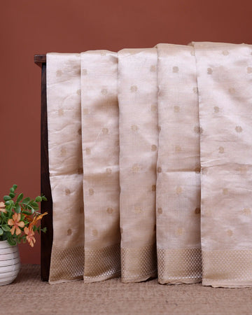 Art Silk Saree with Delicate Woven Floral Butti Motifs and Intricate Diamond Pattern Zari Border - Ivory