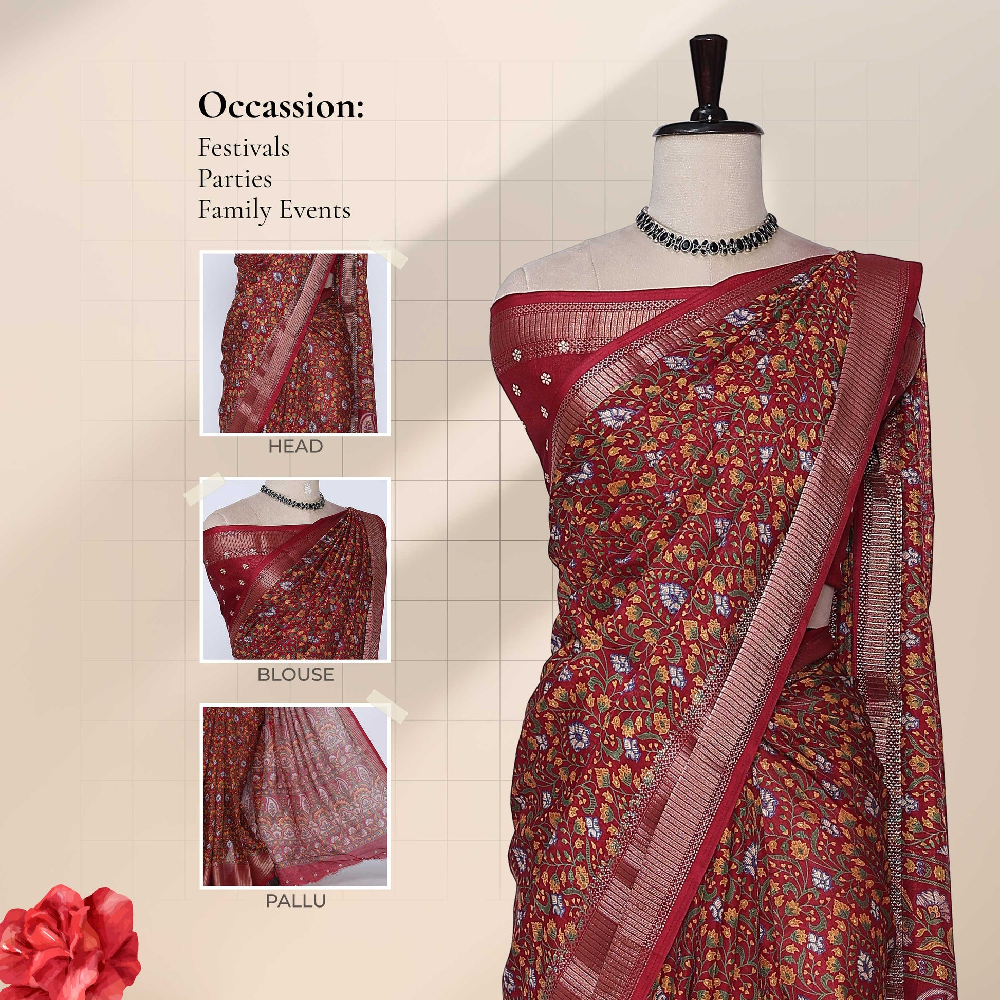 Art silk saree with floral vine jaal weave and zari striped border in green front drape view on mannequin