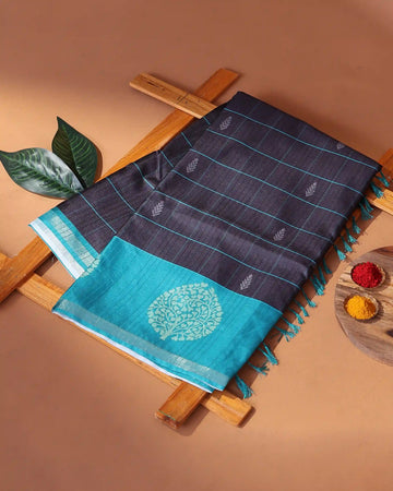 Raw Silk Saree with Checked Body Design and Traditional Tree Motif Woven Border - Black