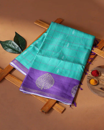 Raw Silk Saree with Checked Body Design and Traditional Tree Motif Woven Border - Aqua Green
