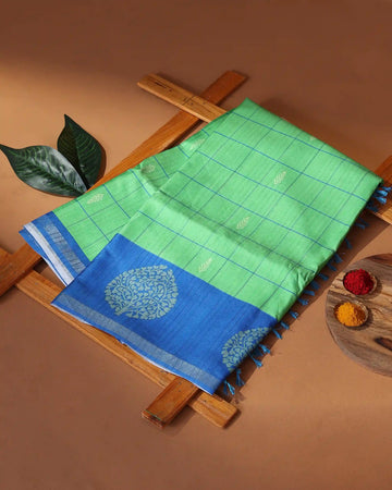 Raw Silk Saree with Checked Body Design and Traditional Tree Motif Woven Border - Green