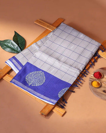 Raw Silk Saree with Checked Body Design and Traditional Tree Motif Woven Border - Grey