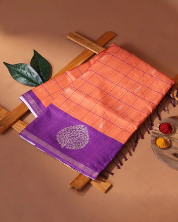 Raw Silk Saree with Checked Body Design and Traditional Tree Motif Woven Border - Orange