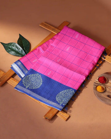 Raw Silk Saree with Checked Body Design and Traditional Tree Motif Woven Border - Pink