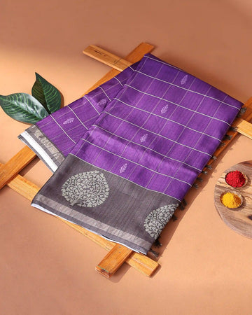 Raw Silk Saree with Checked Body Design and Traditional Tree Motif Woven Border - Purple