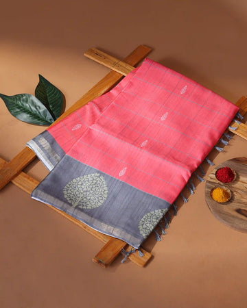 Raw Silk Saree with Checked Body Design and Traditional Tree Motif Woven Border - Red