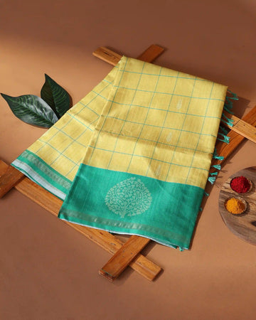Raw Silk Saree with Checked Body Design and Traditional Tree Motif Woven Border - Yellow