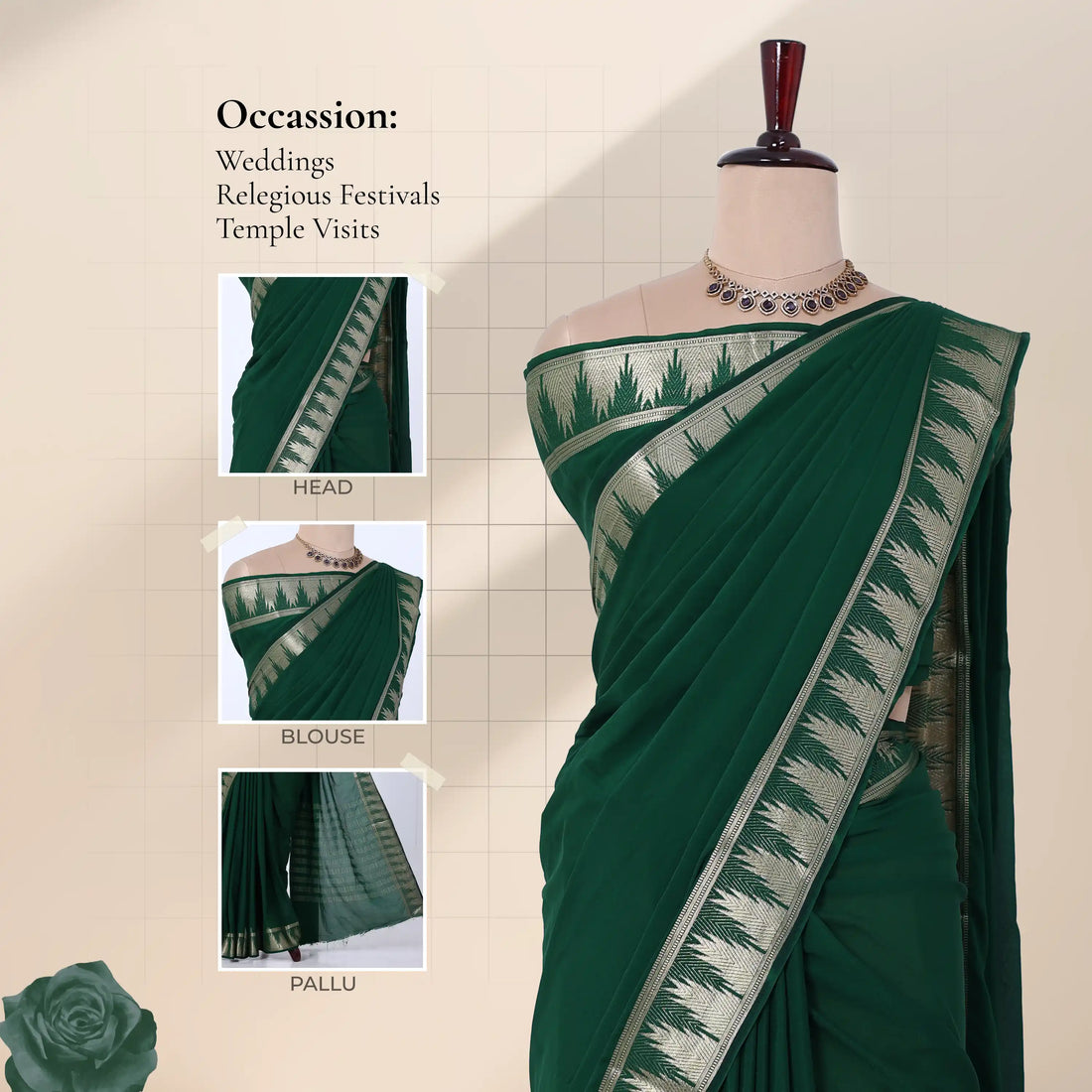 Mysore Silk saree with plain bottle green body and golden zari woven border, front drape view