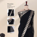 Black saree with a wide silver and black patterned border with detail of head, blouse, and pallu