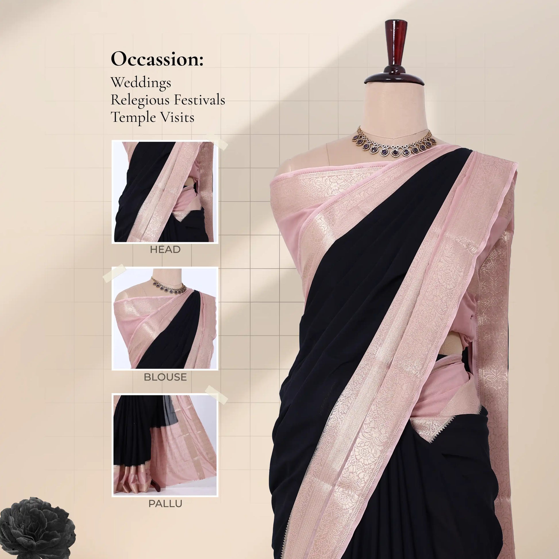 A black and light pink saree with details of  head, blouse, and pallu. 