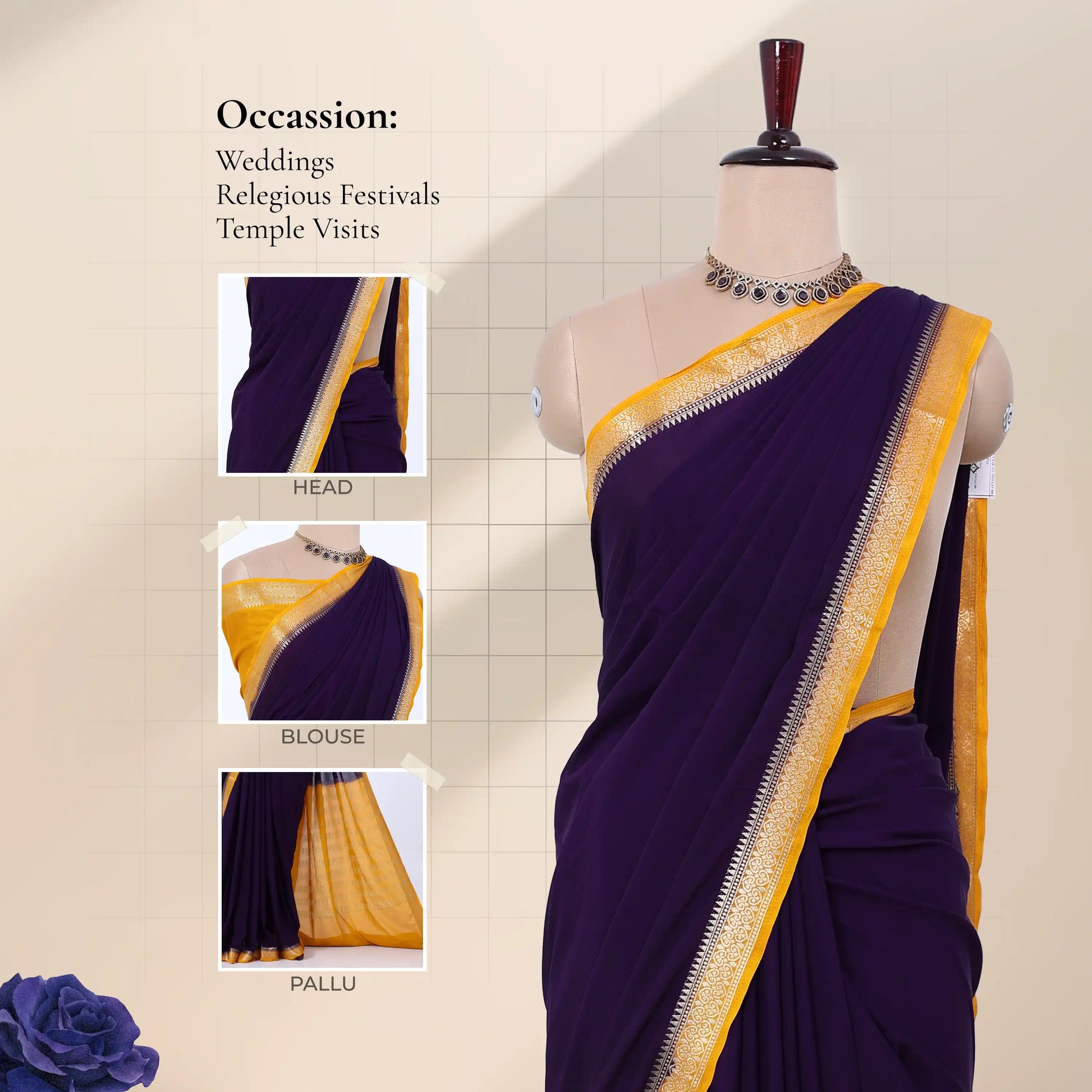 A dark purple and yellow saree with detail of  head, blouse, and pallu. 