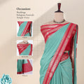 A mint green and red saree with inset close-ups of the head, blouse, and pallu. 