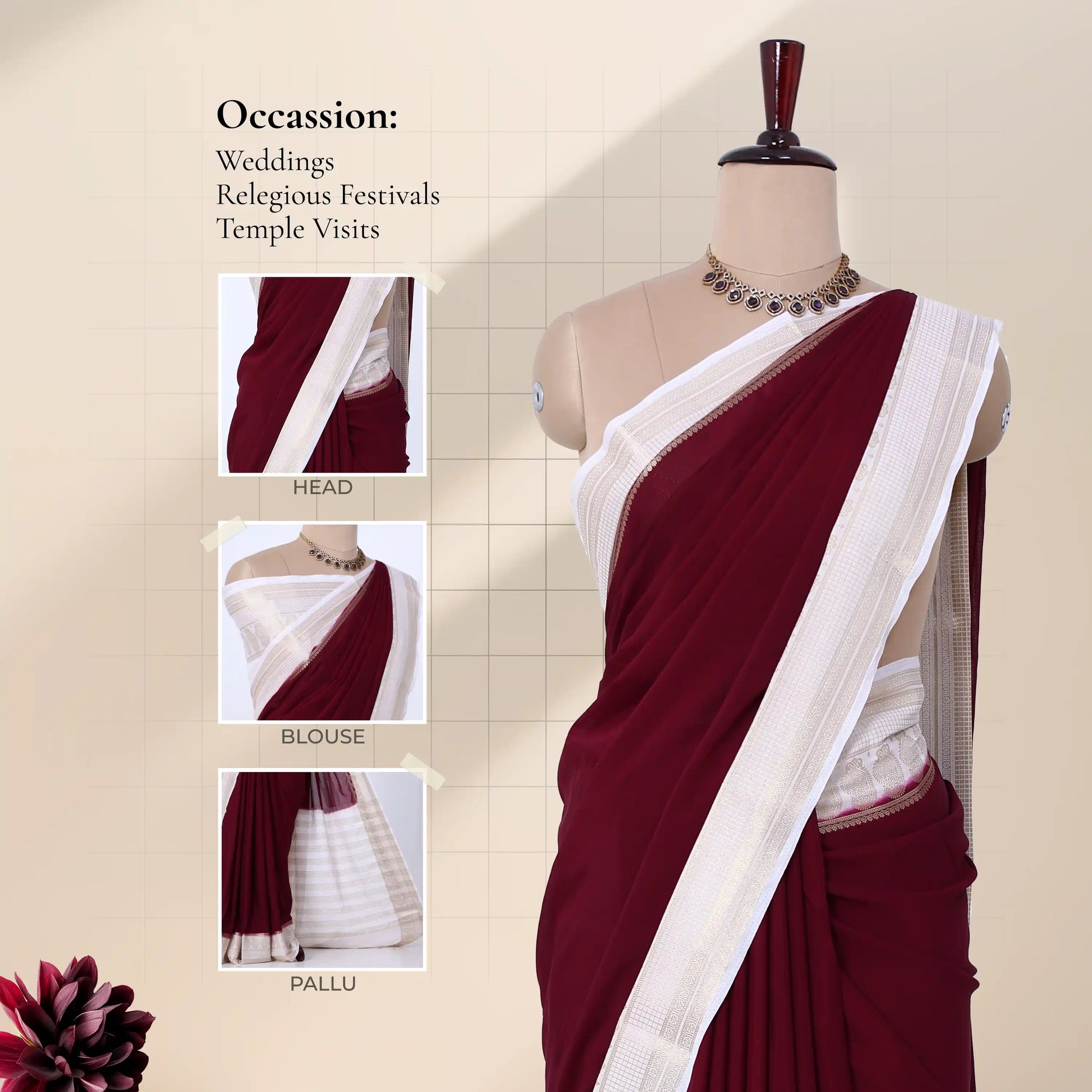 A deep maroon and white saree with detail of  head, blouse, and pallu.
