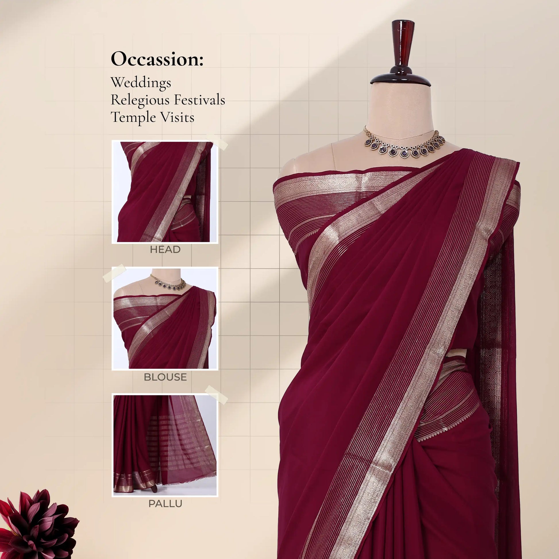 A deep maroon red saree with a silver zari border with detail of showing the head, blouse, and pallu