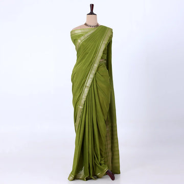 Mysore Silk saree with plain olive green body and golden zari woven border, front drape view