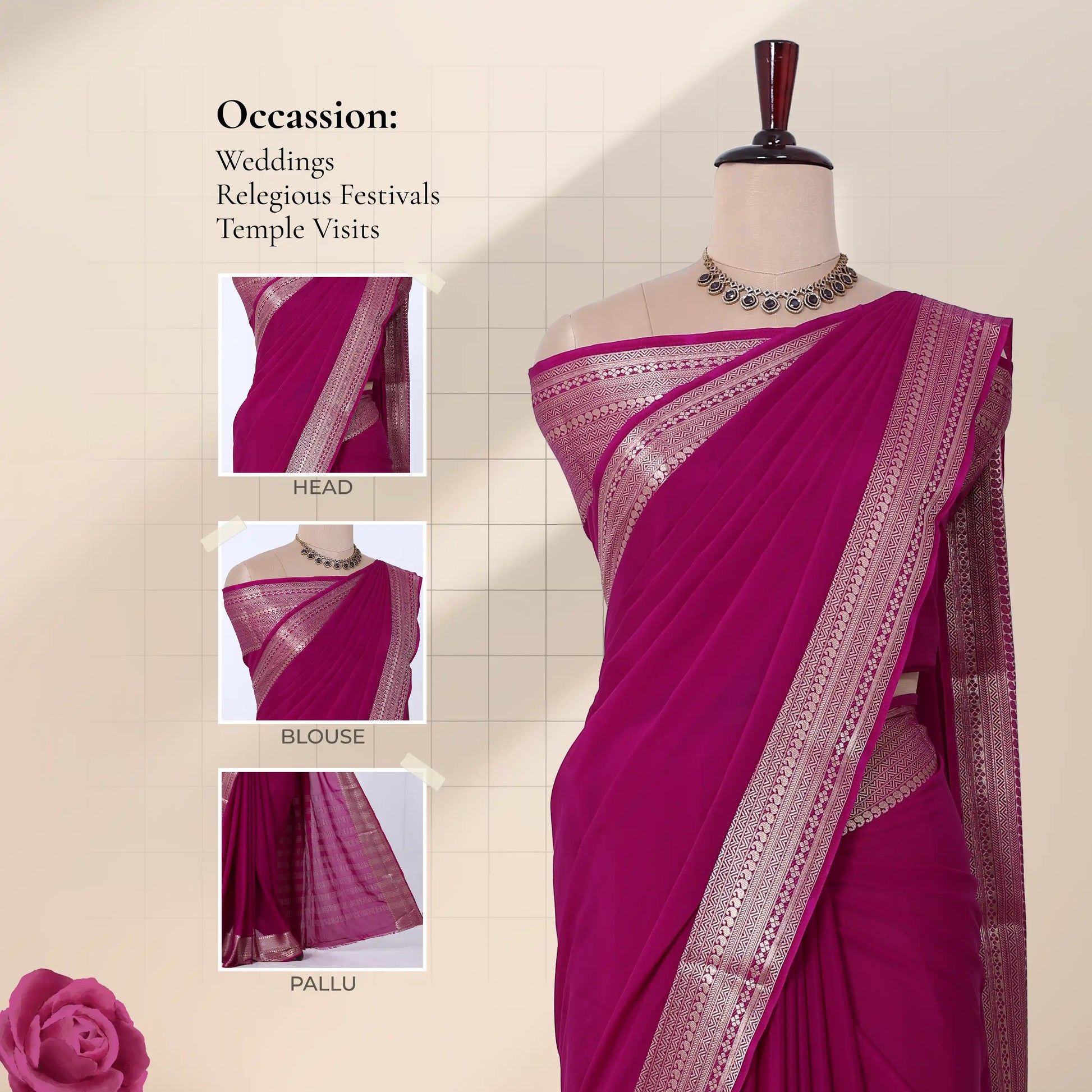 A magenta pink saree with a wide metallic silver border with detail of   head, blouse, and pallu