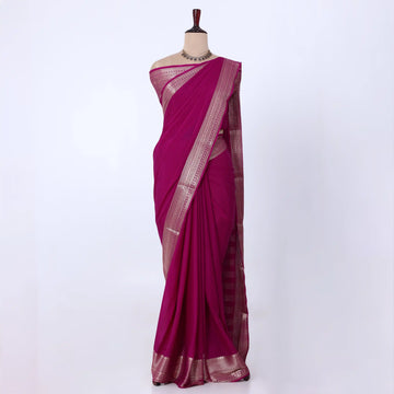 Mysore Silk saree with plain dark pink body and golden zari woven border, front drape view