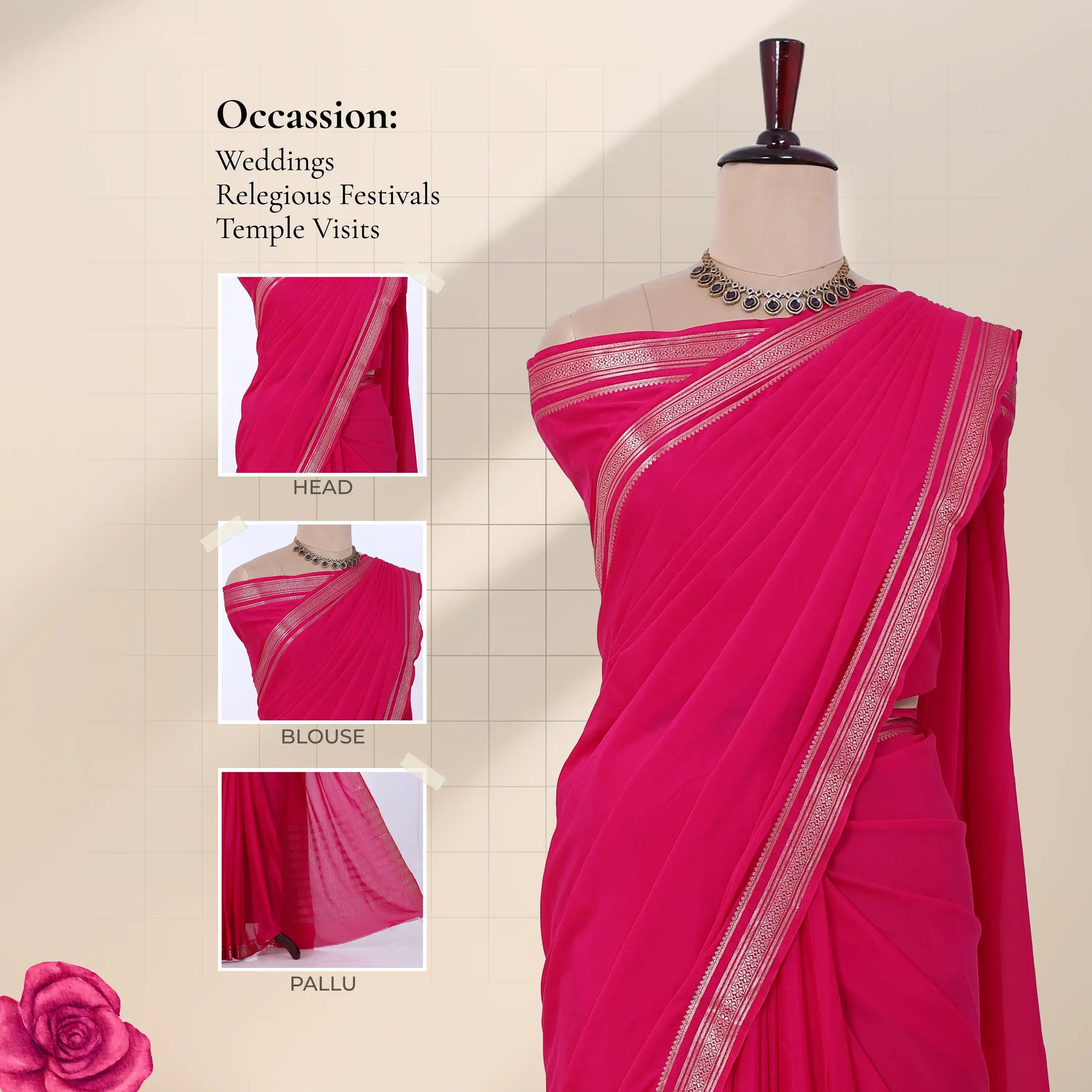 Bright pink georgette saree with a silver zari border with details of head, blouse, and pallu