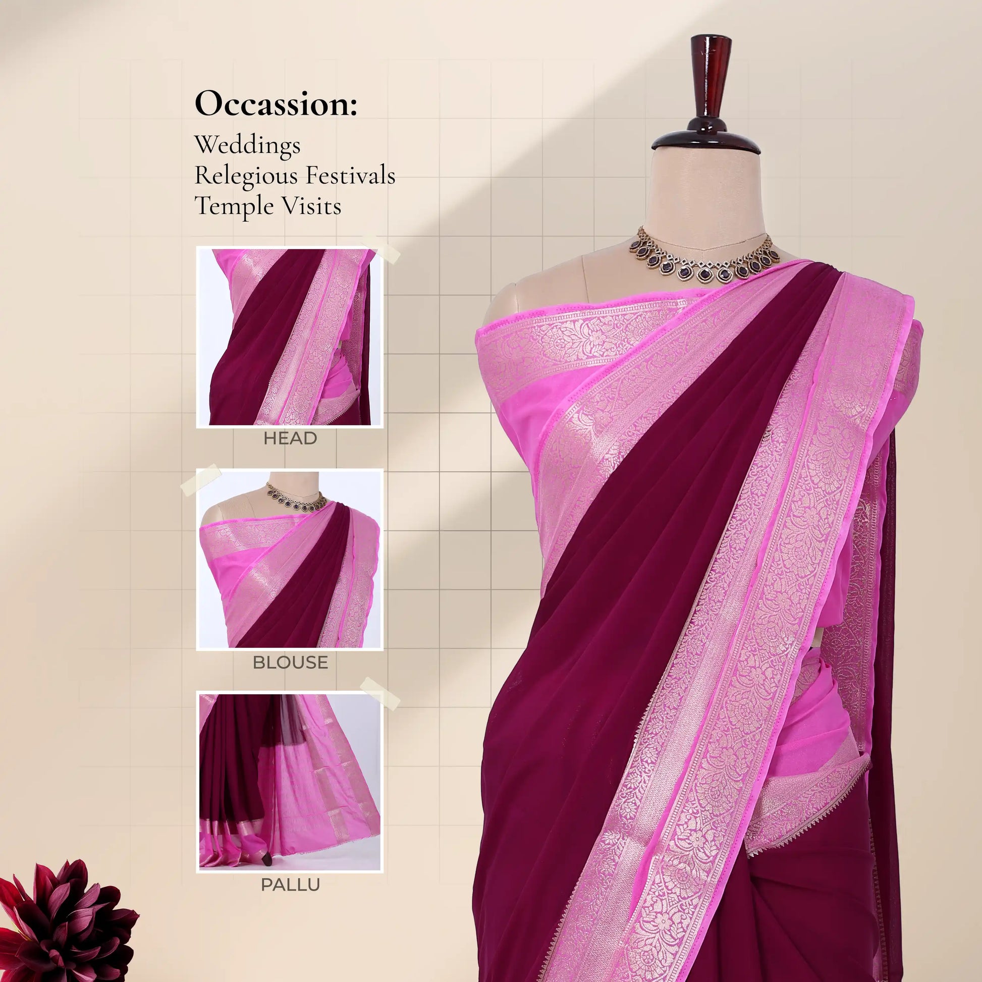 A deep magenta and light pink saree with details of blouse, pallu, and head 