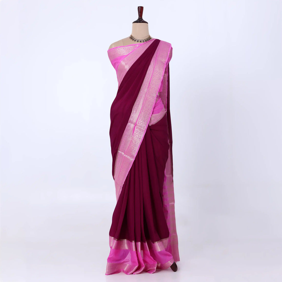 Mysore Silk saree with plain purple body and silver with pink zari woven border, front drape view