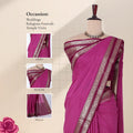 A magenta pink saree with a wide metallic silver border with detail of pallu blouse and head