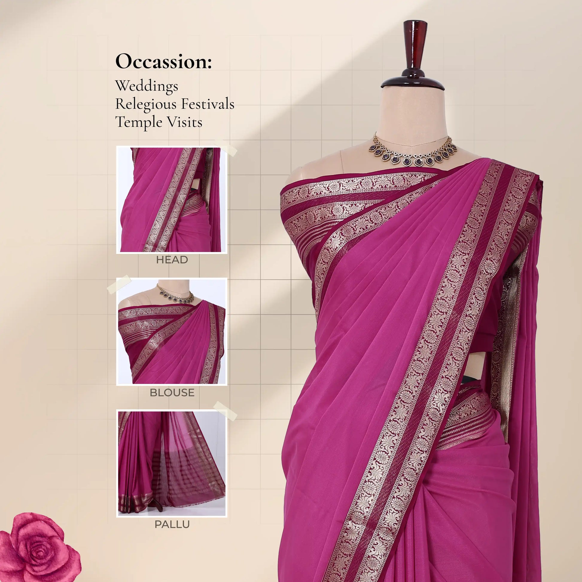 A magenta pink saree with a wide metallic silver border with detail of pallu blouse and head