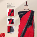 A red and black saree with detail of head, blouse, and pallu 