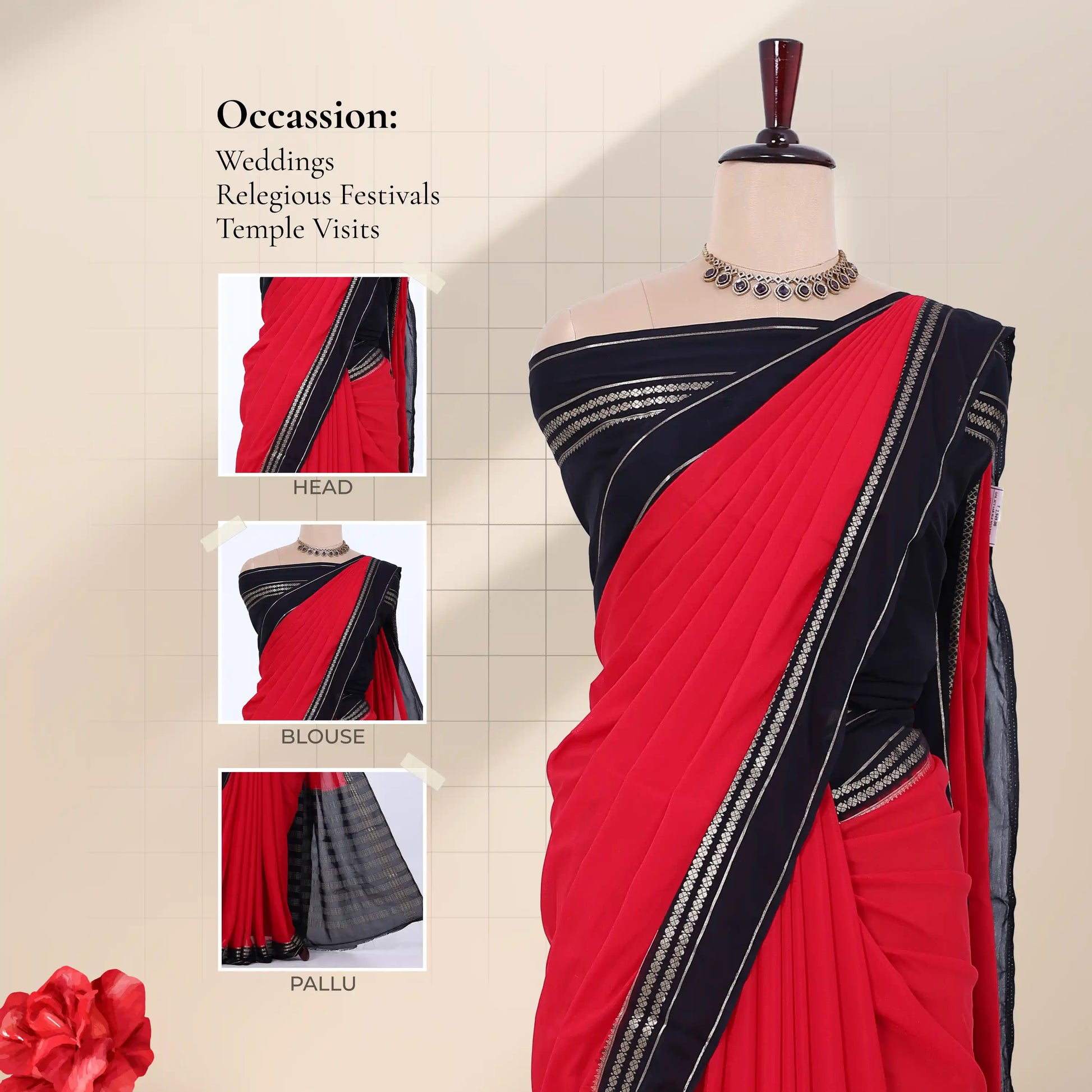 A red and black saree with detail of head, blouse, and pallu 