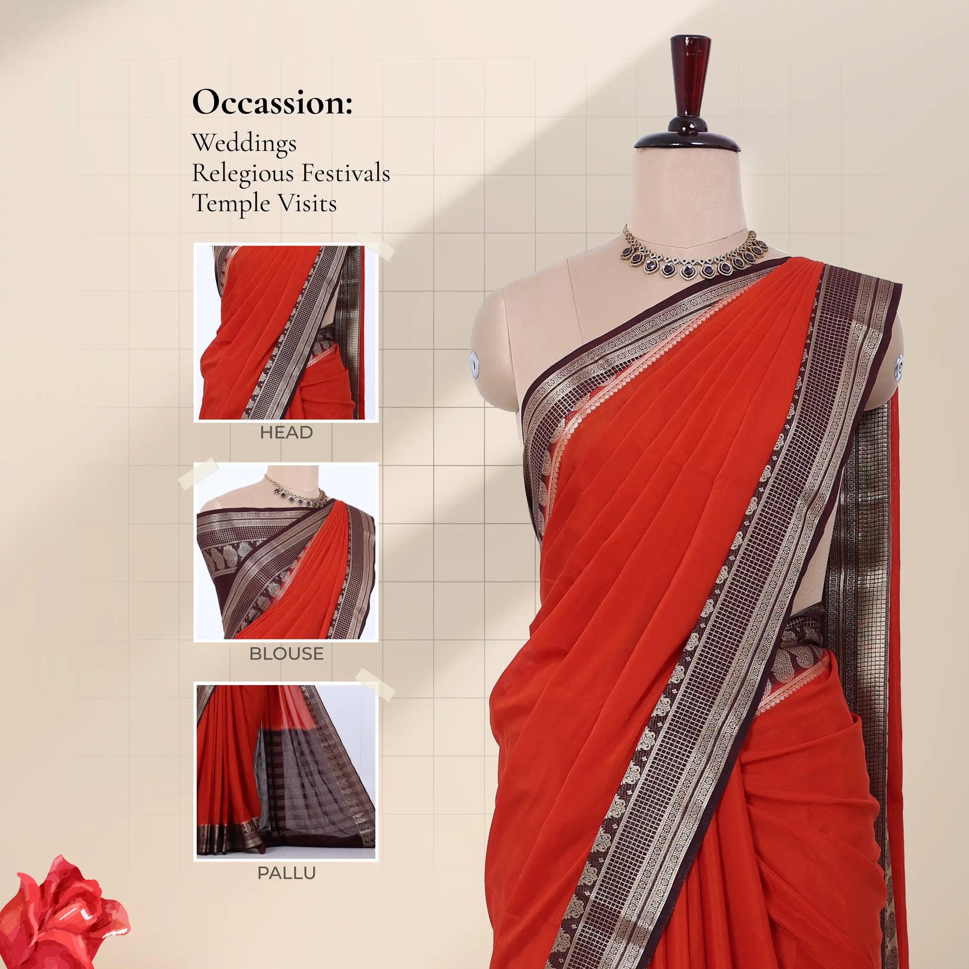 A red saree with a wide black and silver patterned borderwith detail of  head, blouse, and pallu.