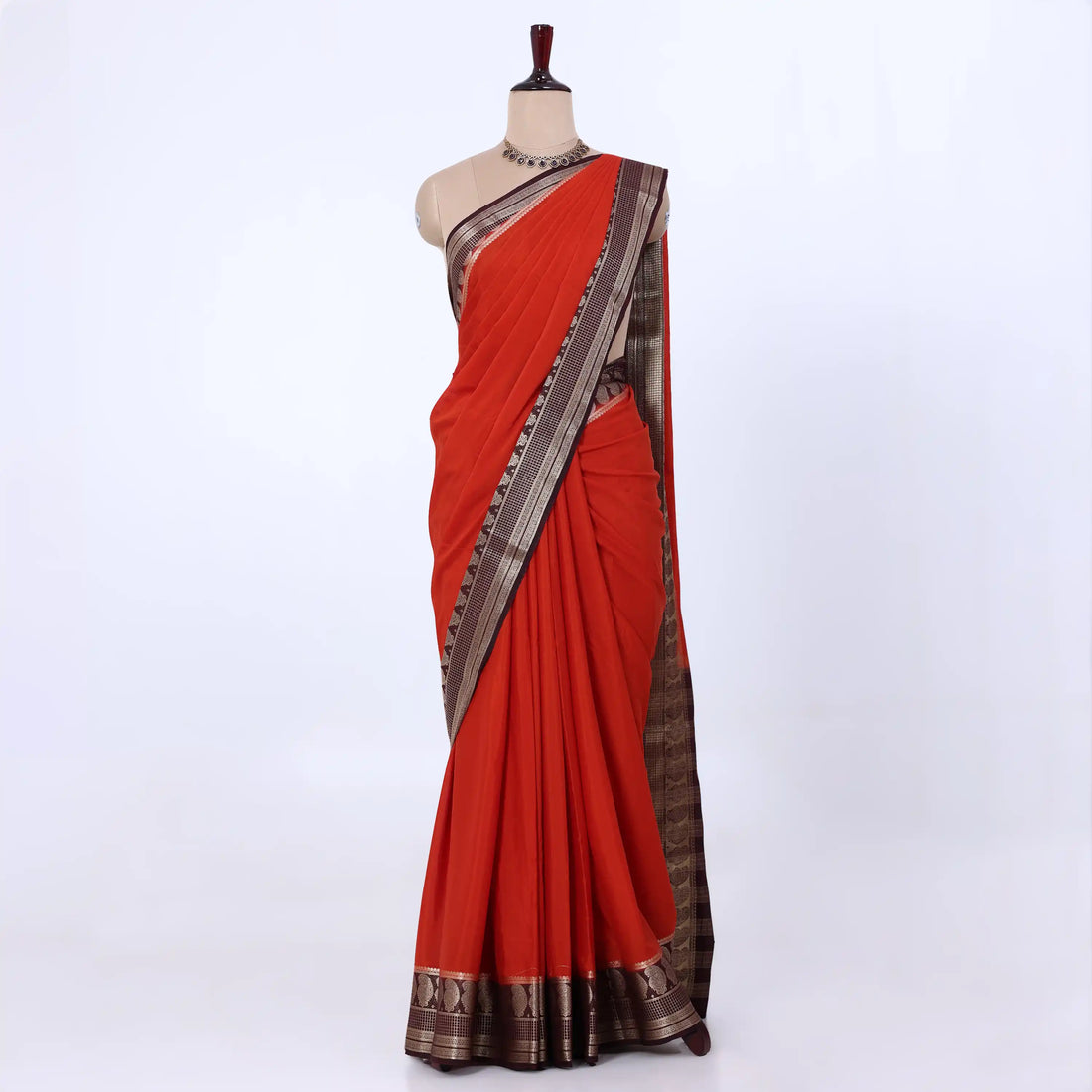 Mysore Silk saree with plain red body and ogolden  zari woven border, front drape view