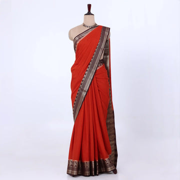 Mysore Silk saree with plain red body and ogolden  zari woven border, front drape view