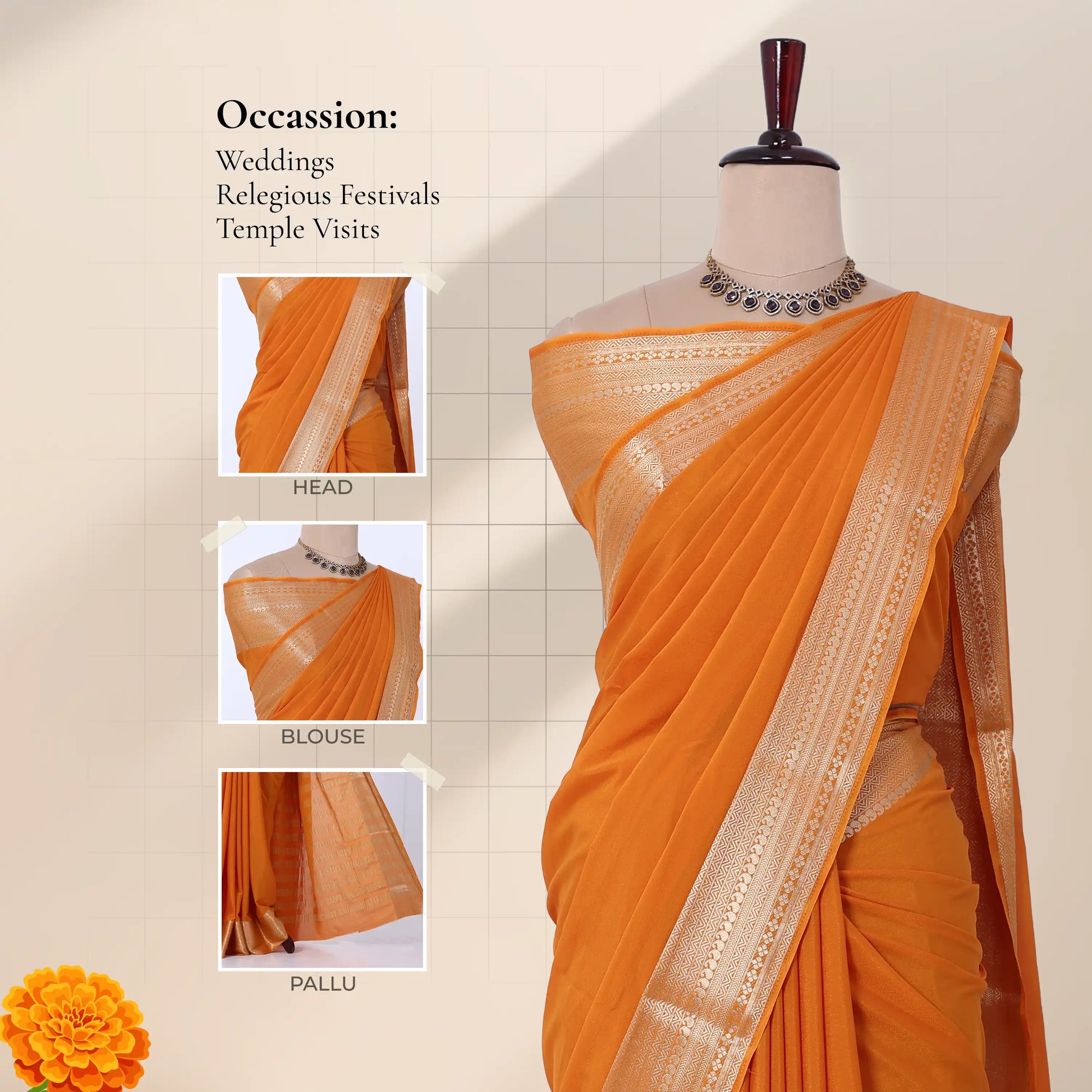 An orange saree with a wide metallic gold border with detail of  'HEAD', 'BLOUSE', and 'PALLU'
