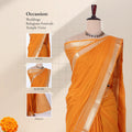 An orange saree with a wide metallic gold border  showing close-ups of the head drape, blouse, and pallu. 