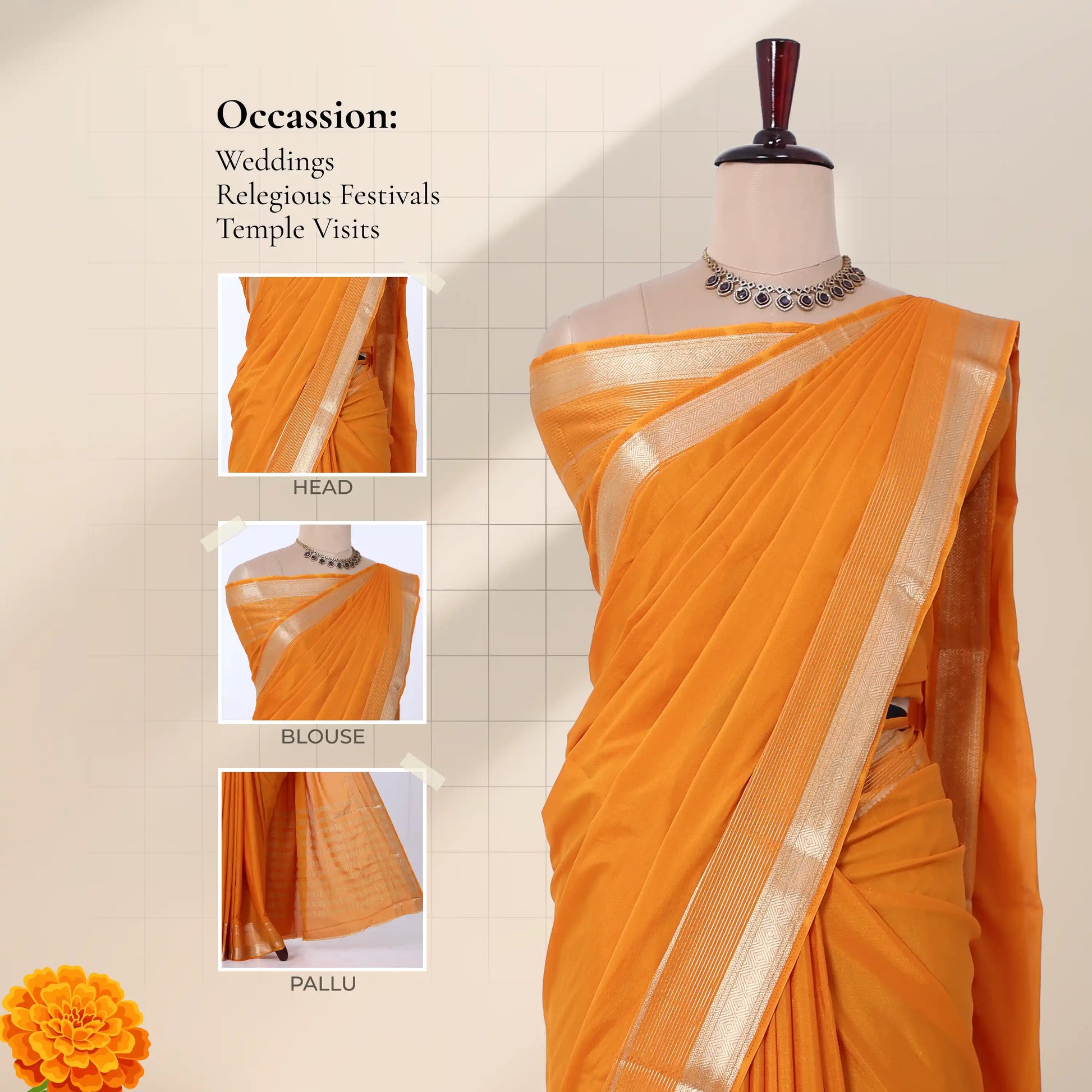 An orange saree with a wide metallic gold border  showing close-ups of the head drape, blouse, and pallu. 