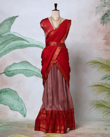 Cotton Semi Stitched Dhavani Set For Women | Festive Wear & Traditional Collection | Jeyachandran - Red & Rose Gold