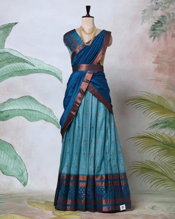 Cotton Semi Stitched Dhavani Set For Women | Festive Wear & Traditional Collection | Jeyachandran - Teal Blue & Light Blue