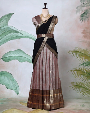 Cotton Semi Stitched Dhavani Set For Women | Festive Wear & Traditional Collection | Jeyachandran - Onion Pink & Black