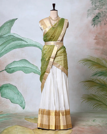 Cotton Semi Stitched Dhavani Set For Women | Festive Wear & Traditional Collection | Jeyachandran - Green & Off White