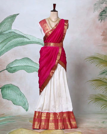 Cotton Semi Stitched Dhavani Set For Women | Festive Wear & Traditional Collection | Jeyachandran - Pink & Off White