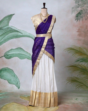 Cotton Semi Stitched Dhavani Set For Women | Festive Wear & Traditional Collection | Jeyachandran  - Purple & Off White