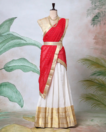 Cotton Semi Stitched Dhavani Set For Women | Festive Wear & Traditional Collection | Jeyachandran - Red & Off White