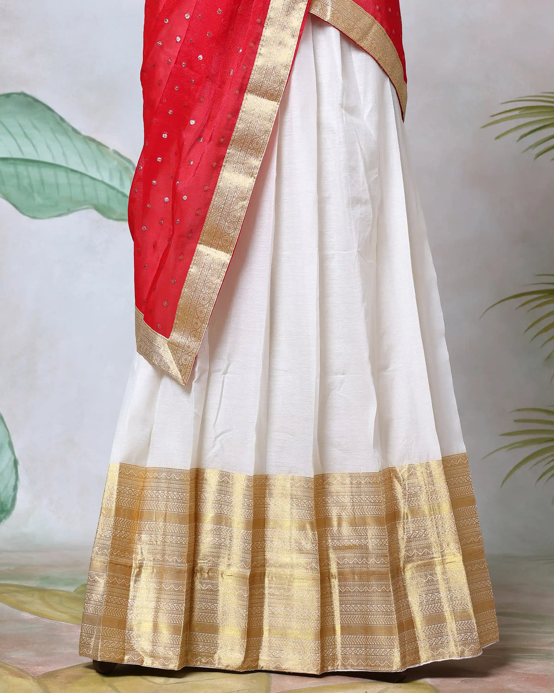 Cotton Semi Stitched Dhavani Set For Women | Festive Wear & Traditional Collection | Jeyachandran - Red & Off White
